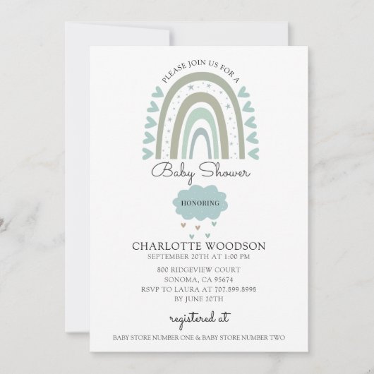 Invitation Boho Arc-en-ciel Aquarelle Bleu Baby Boy Douche (Devant)