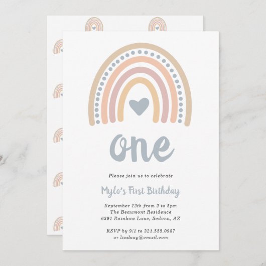 Invitation Boho Arc-en-ciel Bleu Coeur mignon Garçon Premier  (Devant / Derrière)