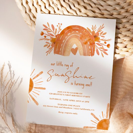Invitation Boho arc-en-ciel petit soleil orange 1er anniversa
