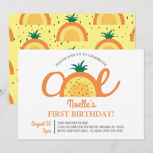 Invitation Boho Arc-en-ciel premier anniversaire, ananas (Devant / Derrière)