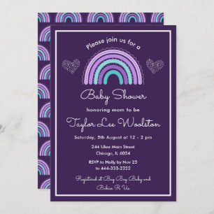 Invitation Boho arc-en-ciel violet et Baby shower bleu turquo