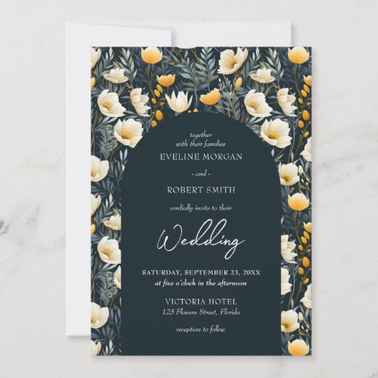 Invitation Boho arc vert foncé jaune ivoire fleurs sauvages (Devant)