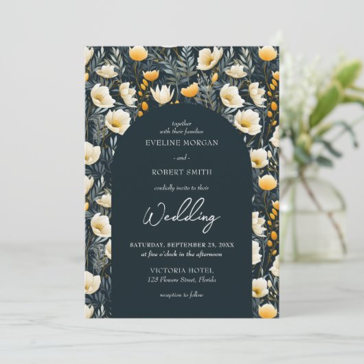 Invitation Boho arc vert foncé jaune ivoire fleurs sauvages (Debout devant)