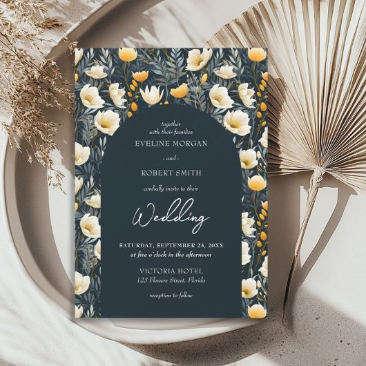Invitation Boho arc vert foncé jaune ivoire fleurs sauvages