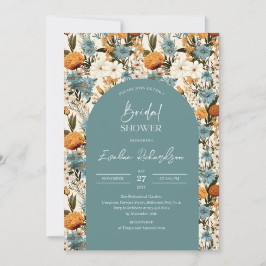 Invitation Boho arch aquarelle bleu foncé orange fleurs sauva (Devant)