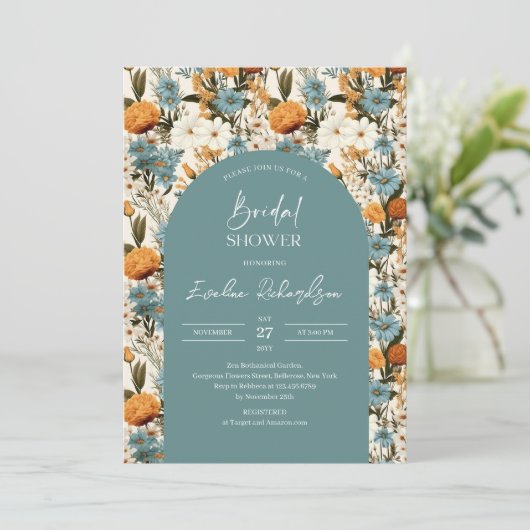 Invitation Boho arch aquarelle bleu foncé orange fleurs sauva (Debout devant)