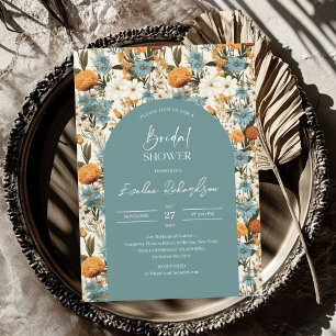Invitation Boho arch aquarelle bleu foncé orange fleurs sauva