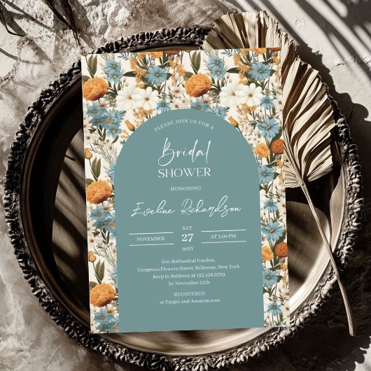 Invitation Boho arch aquarelle bleu foncé orange fleurs sauva