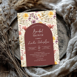 Invitation Boho arch aquarelle bordeaux jaune fleurs sauvages