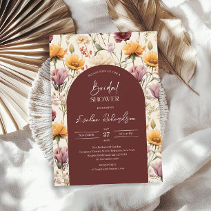 Invitation Boho arch aquarelle bordeaux jaune fleurs sauvages