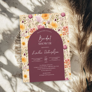 Invitation Boho arch aquarelle mauve et fleurs sauvages jaune
