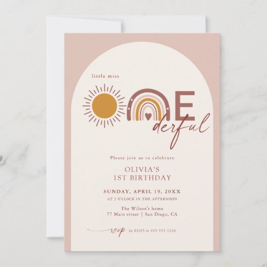 Invitation Boho Arch Arc en arc-en-ciel 1er anniversaire Miss (Devant)