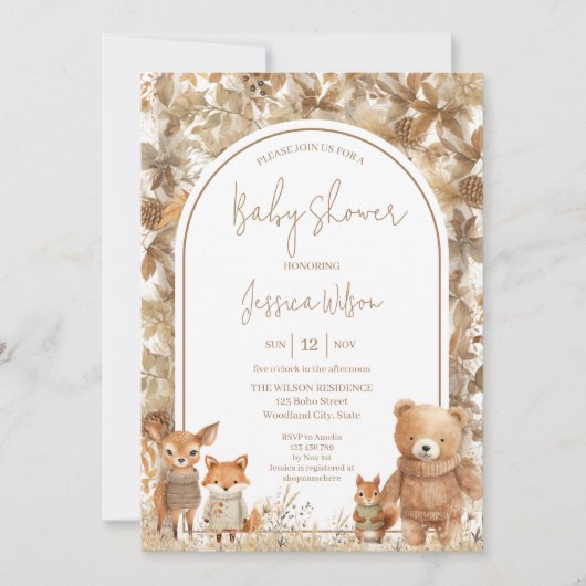 Invitation Boho Arch Automne Bois Baby shower Animaux (Devant)