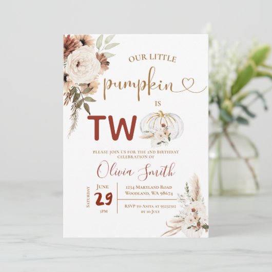 Invitation Boho Arch Blanc Citrouille 2e anniversaire Pampas  (Debout devant)