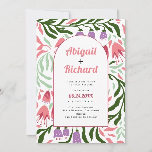 Invitation Boho arch branches rétro, fleurs code QR mariage (Devant)