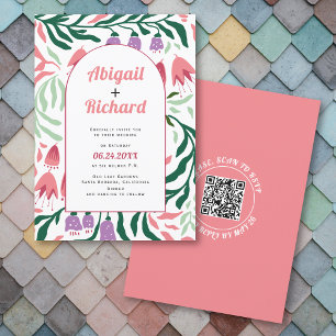 Invitation Boho arch branches rétro, fleurs code QR mariage
