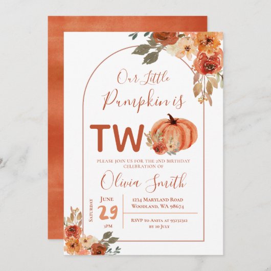Invitation Boho Arch Citrouille orange brûlé 2e anniversaire (Devant / Derrière)