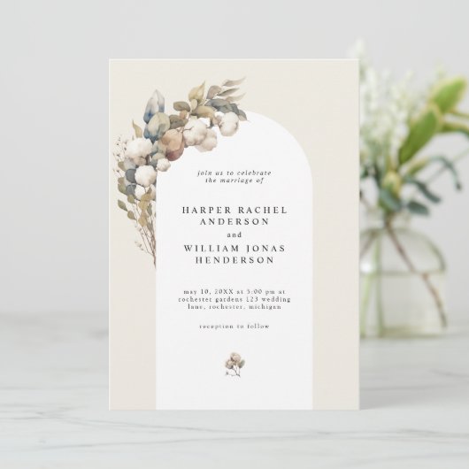 Invitation Boho arch coton & eucalyptus mariage (Debout devant)