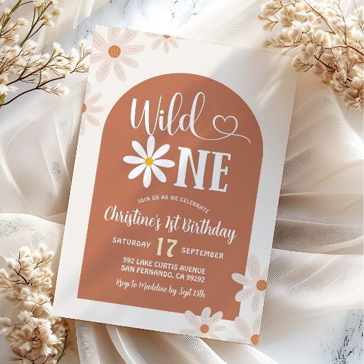 Invitation Boho Arch Daisy Wild One Premier Anniversaire