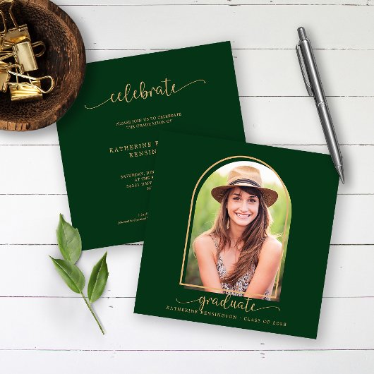 Invitation Boho Arch Dark Green Gold Photo Graduation