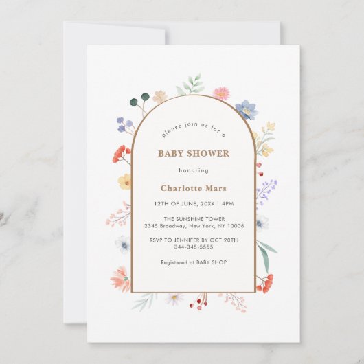 Invitation Boho Arch Fleur sauvage Baby shower à cadre floral (Devant)