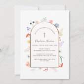 Invitation Boho Arch Fleur sauvage Floral Frame Cross Baptême (Devant)