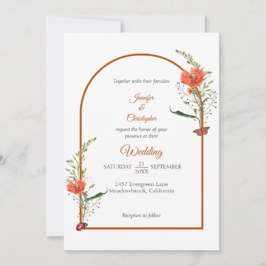 Invitation Boho Arch Fleur sauvage Orange Mariage (Devant)