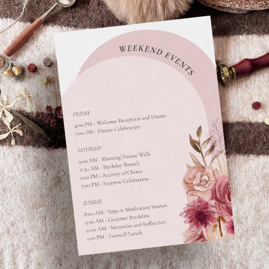 Invitation Boho Arch Fleurs roses Week-end Anniversaire