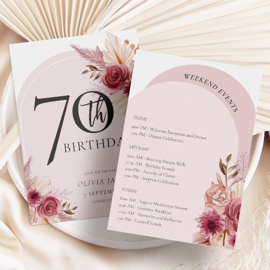 Invitation Boho Arch Fleurs roses Week-end Anniversaire