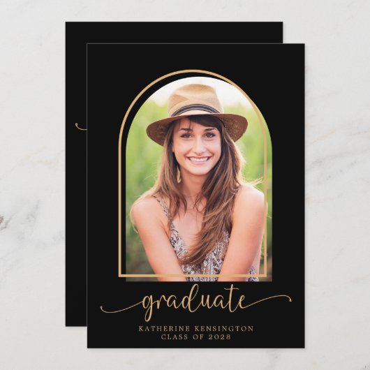Invitation Boho Arch Minimaliste Black Gold Photo Graduation (Devant / Derrière)