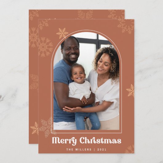 Invitation Boho Arch Noël flocons de neige en terre cuite Pho (Devant / Derrière)