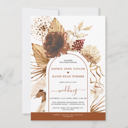 Invitation Boho Arch Pampas Grass Floral Terracotta Mariage (Devant)