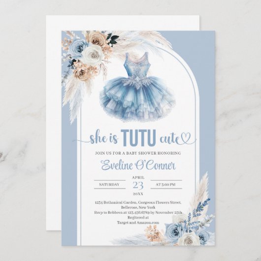 Invitation Boho arch pampas herbe bleu tutu robe Baby shower (Devant / Derrière)
