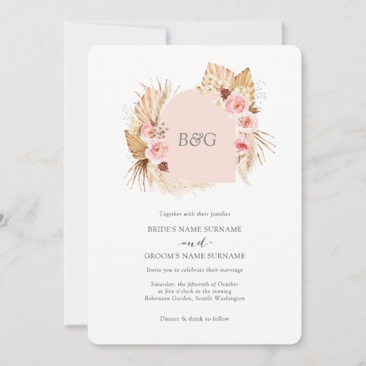 Invitation Boho arch pampas herbe rose pâle mariage initial (Devant)