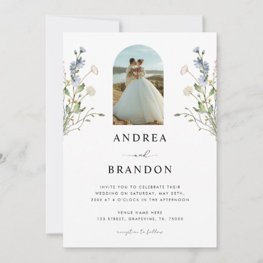 Invitation Boho Arch Photo Fleurs sauvages tout en un Mariage (Devant)