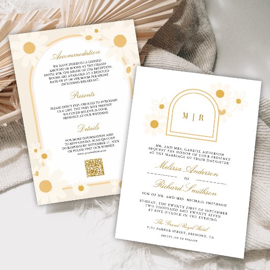 Invitation Boho Arch Retro Yellow Daisy All in One Wedding