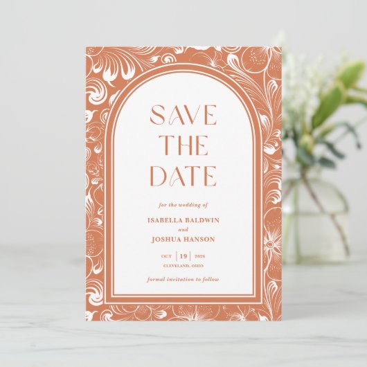 Invitation Boho Arch Terra Cotta Enregistrer la date (Debout devant)
