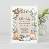 Invitation Boho Arch Végétal Bois Baby shower Animaux (Debout devant)