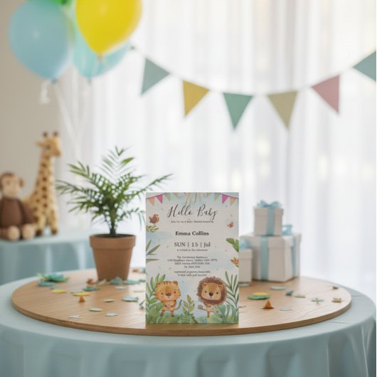 Invitation Boho Arch Végétal Bois Baby shower Animaux