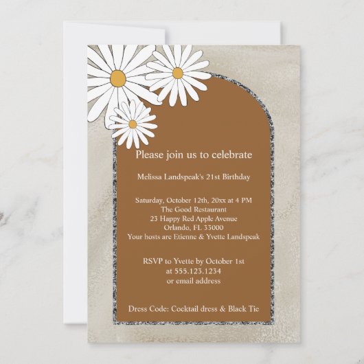 Invitation Boho & Arche Argent & White Daisy Anniversaire (Dos)