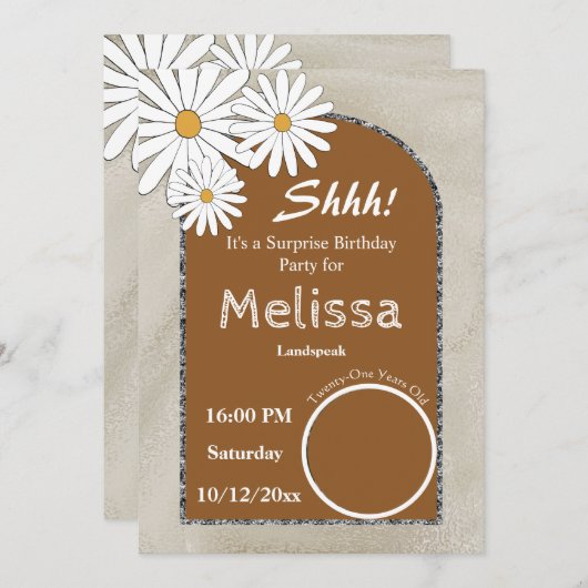 Invitation Boho & Arche Argent & White Daisy Anniversaire (Devant / Derrière)