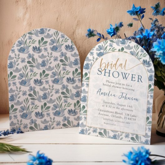Invitation Boho Arched Fête des mariées Dusty Blue Floral