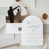 Invitation Boho Ardoise Bleu Photo QR Code Arch Mariage