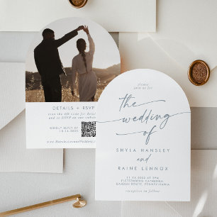 Invitation Boho Ardoise Bleu Photo QR Code Arch Mariage