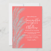 Invitation Boho argent pampas herbe corail blanc mariage (Devant)