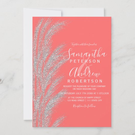 Invitation Boho argent pampas herbe corail blanc mariage (Devant)