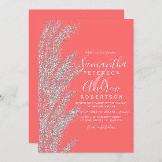 Invitation Boho argent pampas herbe corail blanc mariage (Devant / Derrière)