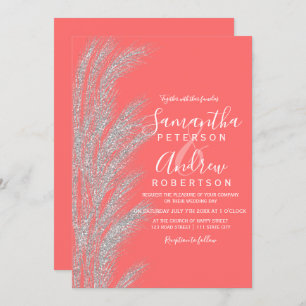 Invitation Boho argent pampas herbe corail blanc mariage