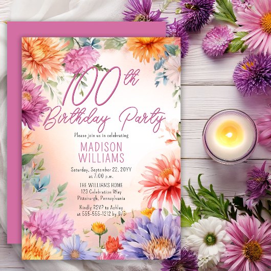 Invitation Boho Aster Flowers Floral 100e fête d'anniversaire