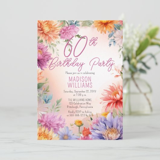 Invitation Boho Aster Flowers Floral 60e fête d'anniversaire (Debout devant)